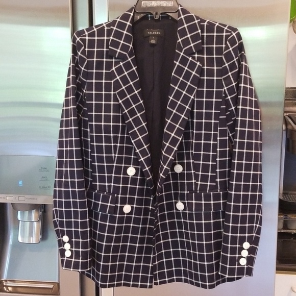 💕HALOGEN💕 Double Breasted Window Pane Plaid Check Blazer ~ Navy Blue S NWOT - Picture 7 of 14